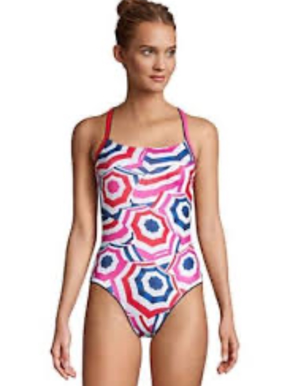 Lands' End Womens One Piece Swimsuit 16L Long Beach Umbrella‎ Print